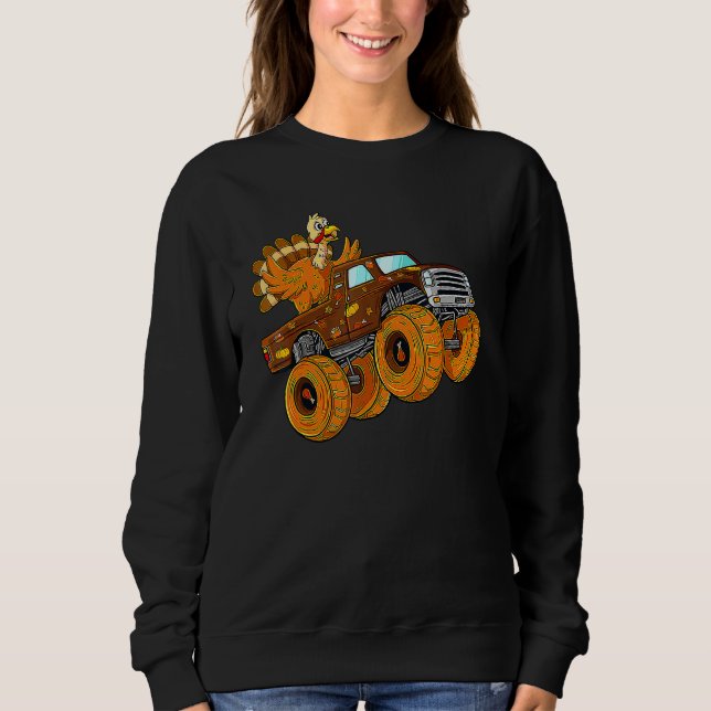 Turkey Riding Monster Truck Thanksgiving Day Boys  Sweatshirt (Front)