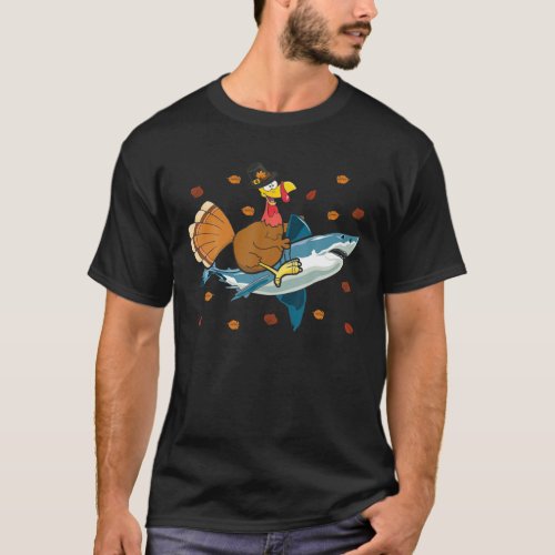 Turkey Riding Shark Cute Thanksgiving Turkey Shark T_Shirt