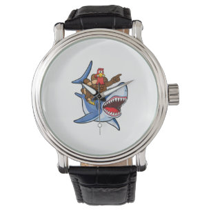 Turkey Riding Shark Thanksgiving Gift For Kids Boy Watch