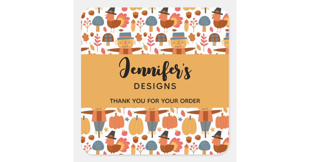Turkey & Scarecrow Thanksgiving Pattern Business Square Sticker | Zazzle