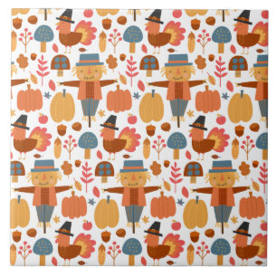 Turkey & Scarecrow Thanksgiving Pattern Ceramic Tile