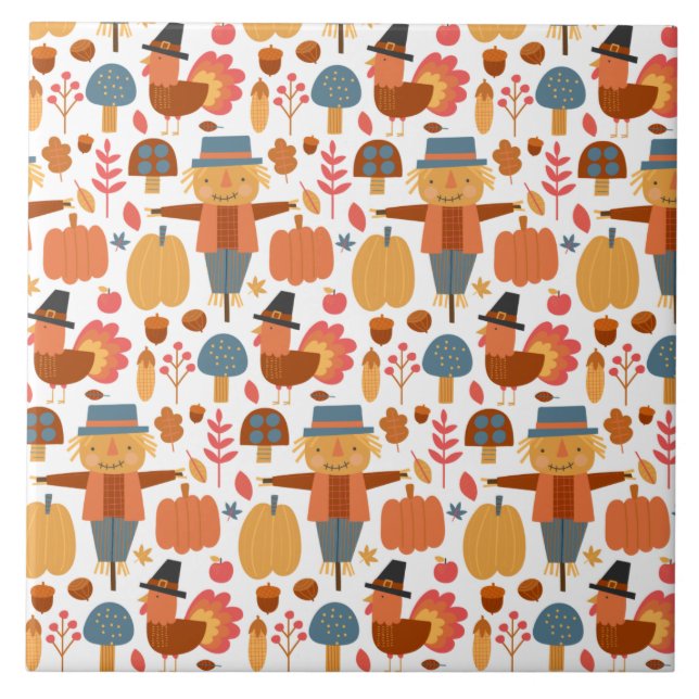 Turkey & Scarecrow Thanksgiving Pattern Ceramic Tile (Front)