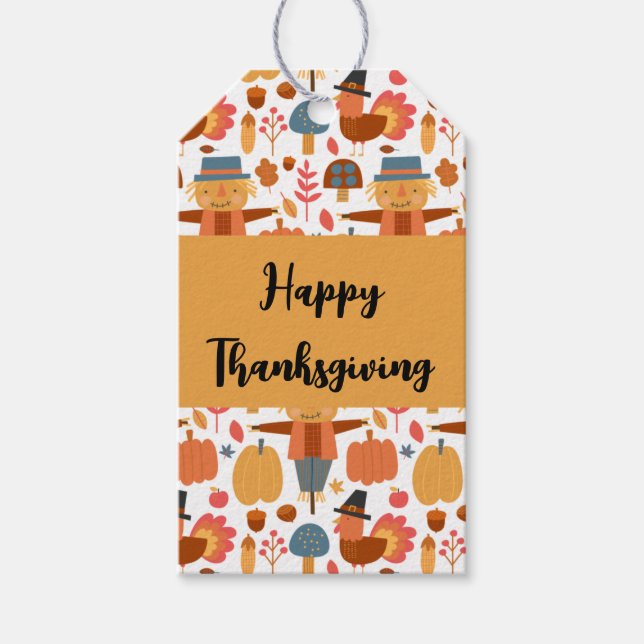Turkey & Scarecrow Thanksgiving Pattern Gift Tags (Front)
