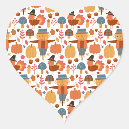 Turkey  Scarecrow Thanksgiving Pattern Heart Sticker