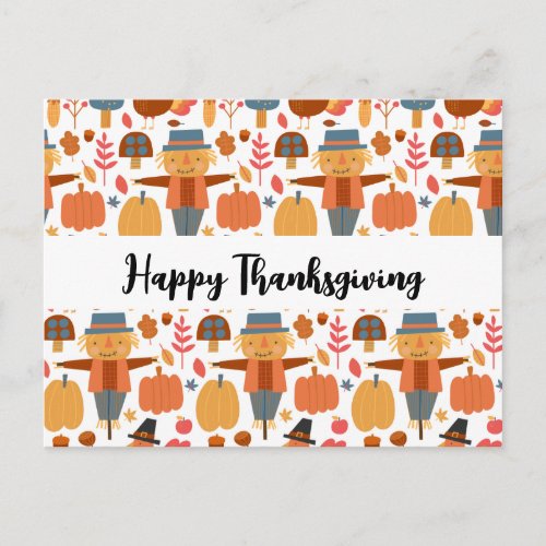 Turkey  Scarecrow Thanksgiving Pattern Holiday Postcard