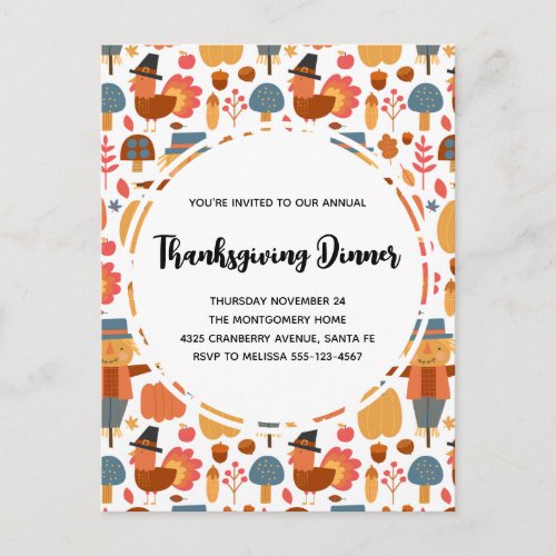 Turkey  Scarecrow Thanksgiving Pattern Invitation