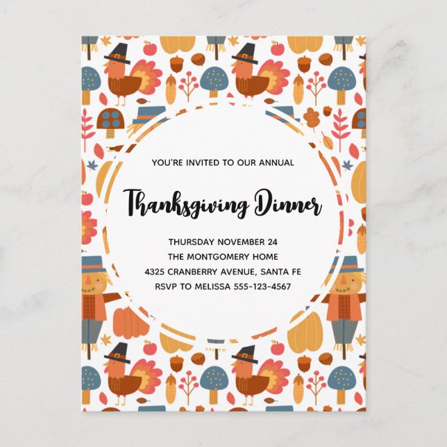 Turkey & Scarecrow Thanksgiving Pattern Invitation Postcard (Front)