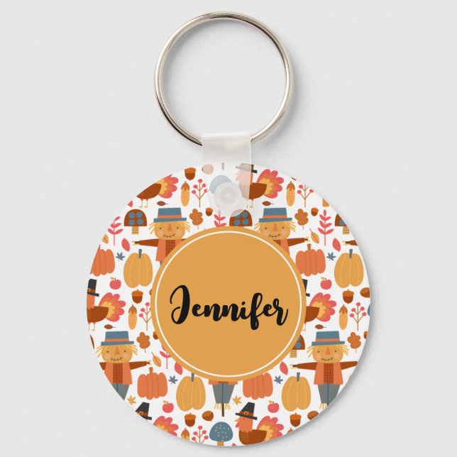 Turkey & Scarecrow Thanksgiving Pattern Keychain (Front)