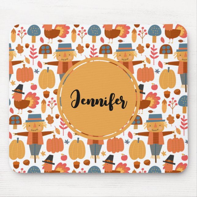 Turkey & Scarecrow Thanksgiving Pattern Mouse Pad (Front)