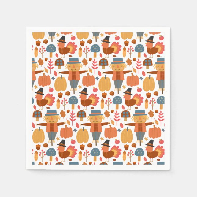 Turkey & Scarecrow Thanksgiving Pattern Napkins (Front)