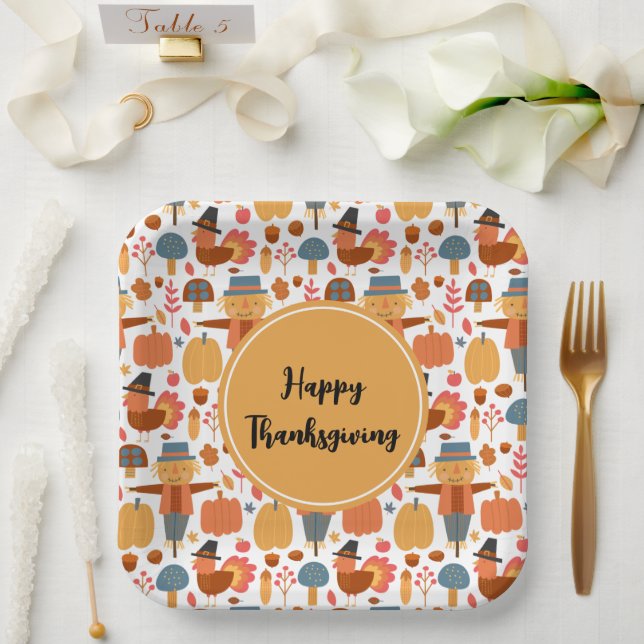 Turkey & Scarecrow Thanksgiving Pattern Paper Plates (Wedding)