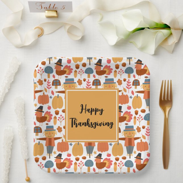 Turkey & Scarecrow Thanksgiving Pattern Paper Plates (Wedding)