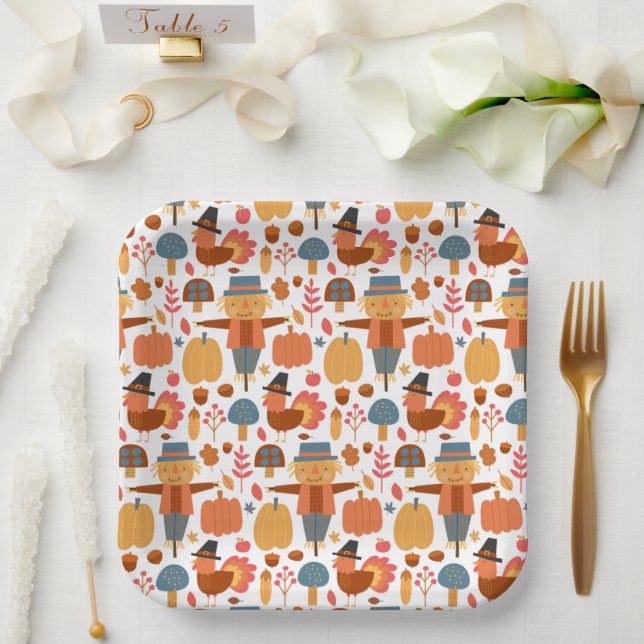 Turkey & Scarecrow Thanksgiving Pattern Paper Plates (Wedding)