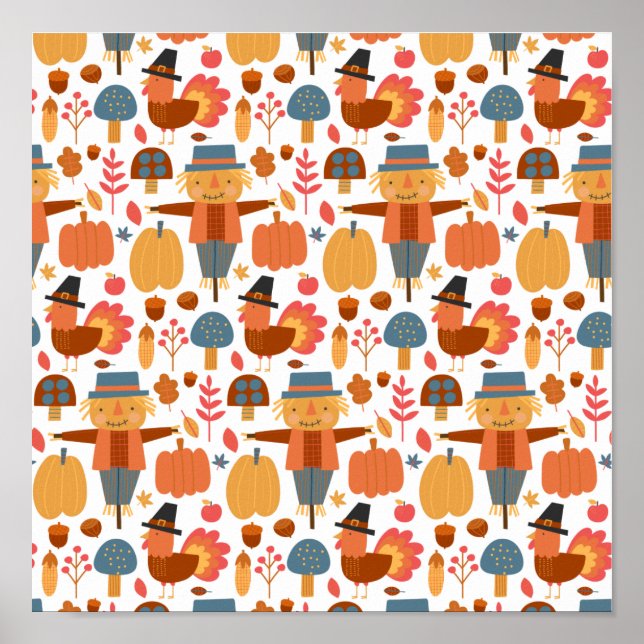 Turkey & Scarecrow Thanksgiving Pattern Poster (Front)