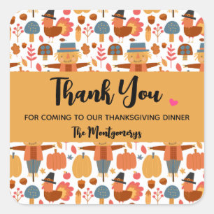 Turkey & Scarecrow Thanksgiving Pattern Thank You Square Sticker