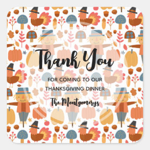 Turkey & Scarecrow Thanksgiving Pattern Thank You Square Sticker