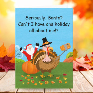 Turkey Selfie Photobombed by Santa Thanksgiving Card