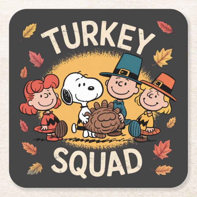 Turkey Squad Funny Cartoon Friends Thanksgiving Square Paper Coaster (Front)