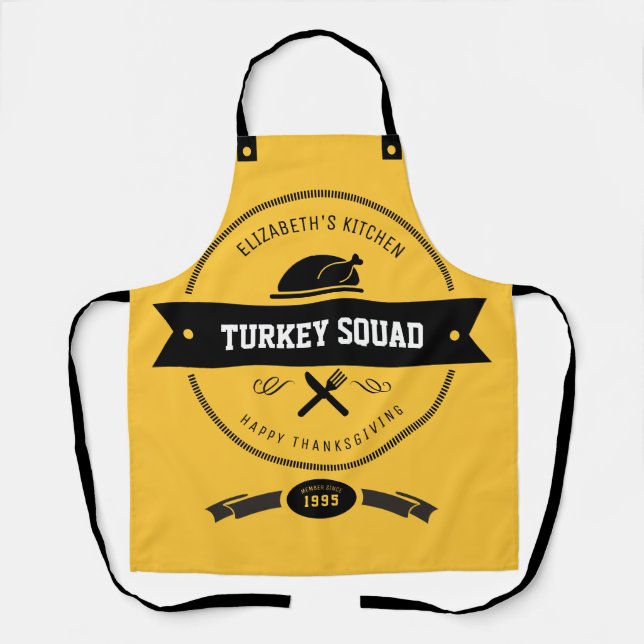 Turkey Squad Funny Hipster Yellow and Black Apron (Front)