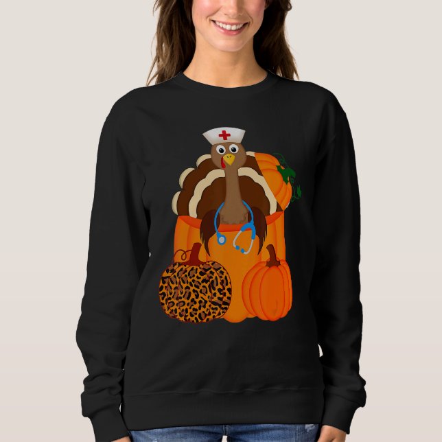 Turkey Stethoscope Nurse Pumpkin Leopard Print Tha Sweatshirt (Front)