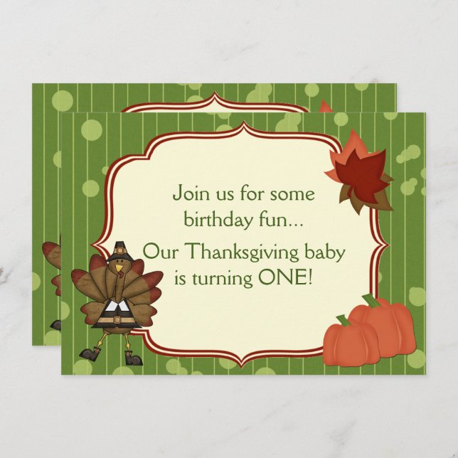 Turkey Thanksgiving 1st Birthday Invite for Boys (Front/Back)