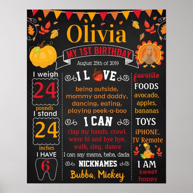 Turkey Thanksgiving First Birthday chalkboard Poster (Front)