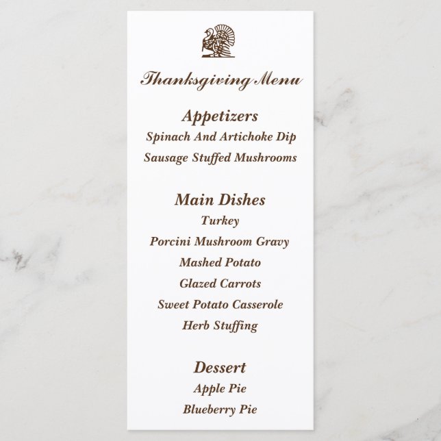 "Turkey" Thanksgiving Menu Cards (Front)