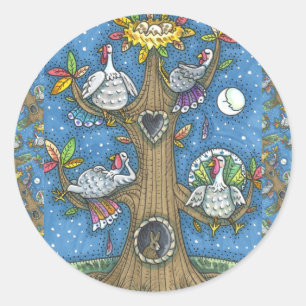 TURKEY TREE, THANKSGIVING FUNNY GOBBLERS ROOSTING CLASSIC ROUND STICKER