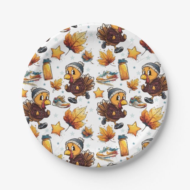 Turkey Trot Fun Run 5k Thanksgiving Running Design Paper Plates (Front)