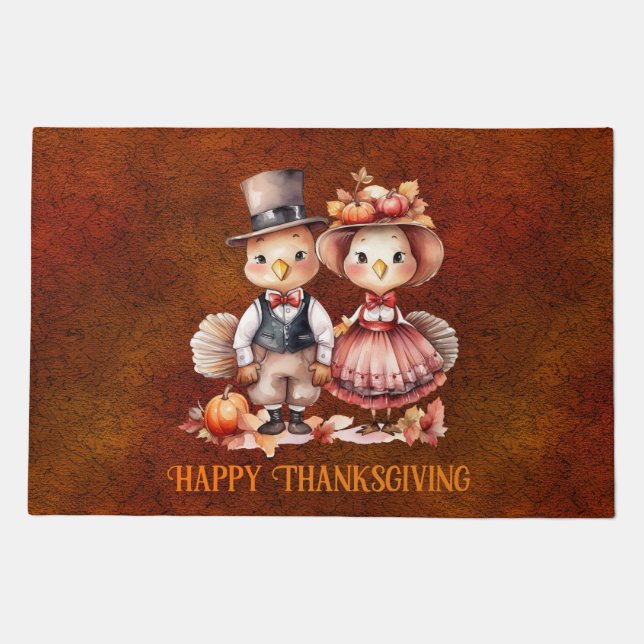 Turkey Twosome Happy Thanksgiving Door Mat (Front)