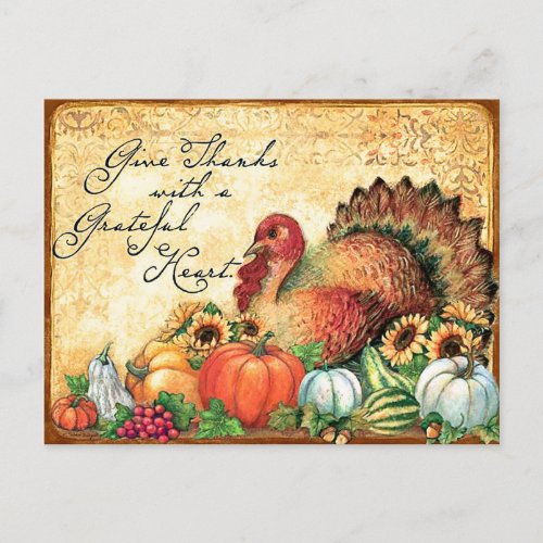 Turkey with Autumn fruits vintage thanksgiving Postcard