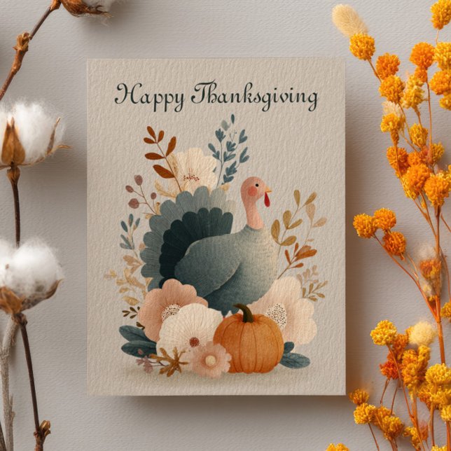 Turkey with Fall Foliage Happy Thanksgiving Pastel Postcard (Creator Uploaded)
