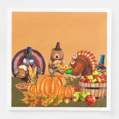 Turkeys and Bear Thanksgiving Bounty Paper Dinner Napkins