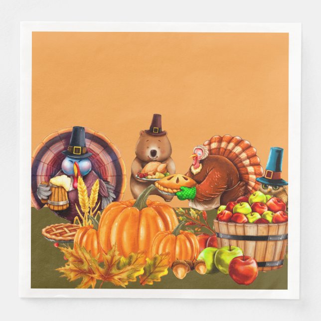 Turkeys and Bear Thanksgiving Bounty Paper Dinner Napkins (Front)