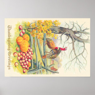 Turkeys Farm Pumpkin Apples Tree Fall Leaves Poster