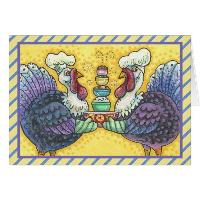 TURKEYS IN KITCHEN THANKSGIVING GREETING CARD B (Front Horizontal)