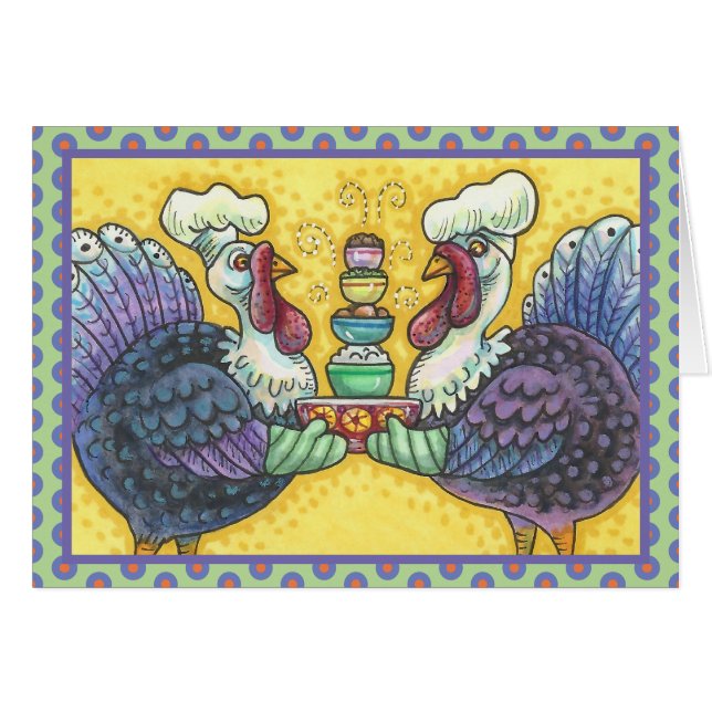 TURKEYS IN KITCHEN THANKSGIVING GREETING CARD B (Front Horizontal)