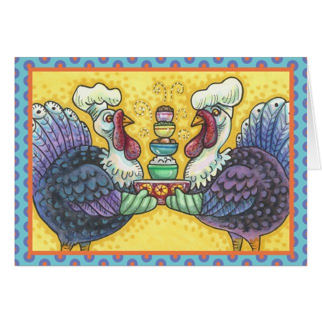 TURKEYS IN KITCHEN THANKSGIVING GREETING CARD B (Front Horizontal)