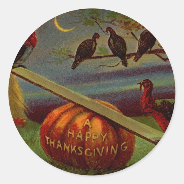 Turkeys Seesaw On Pumpkin Vintage Thanksgiving Classic Round Sticker