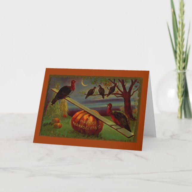 Turkeys Seesaw on Pumpkin Vintage Thanksgiving Holiday Card (Front)