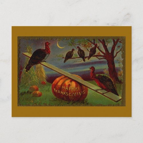 Turkeys Seesaw on Pumpkin Vintage Thanksgiving Holiday Postcard