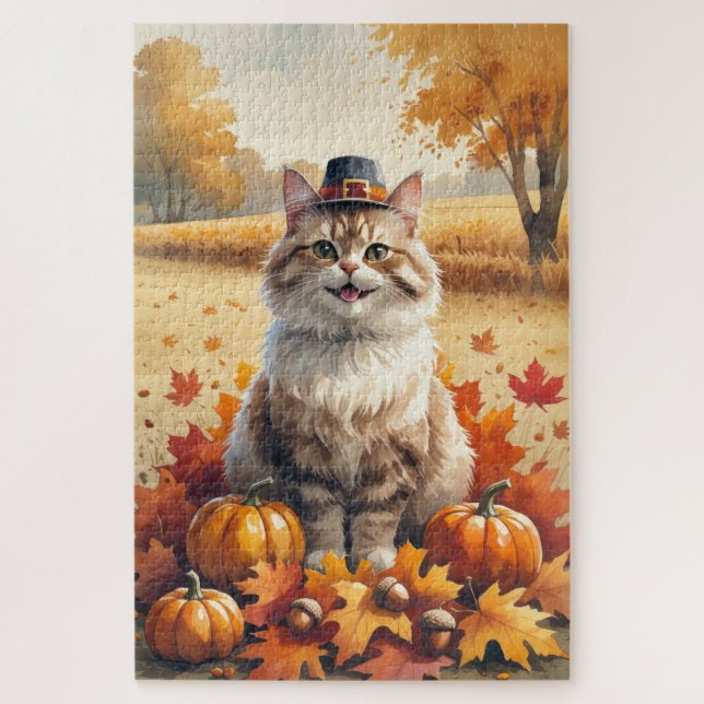 Turkish Angora Cat Autumn Leaves Thanksgiving Art Jigsaw Puzzle (Vertical)