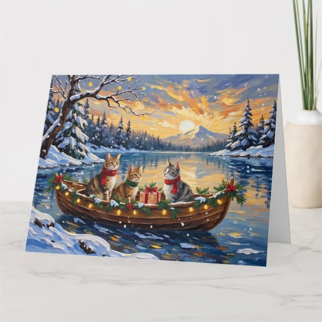 Turkish Angora Cat Christmas Boat Holiday Card (Front)