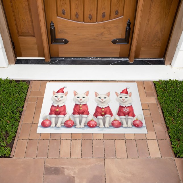 Turkish Angora Cat Christmas Dress Santa Hat Doormat (Outdoor)