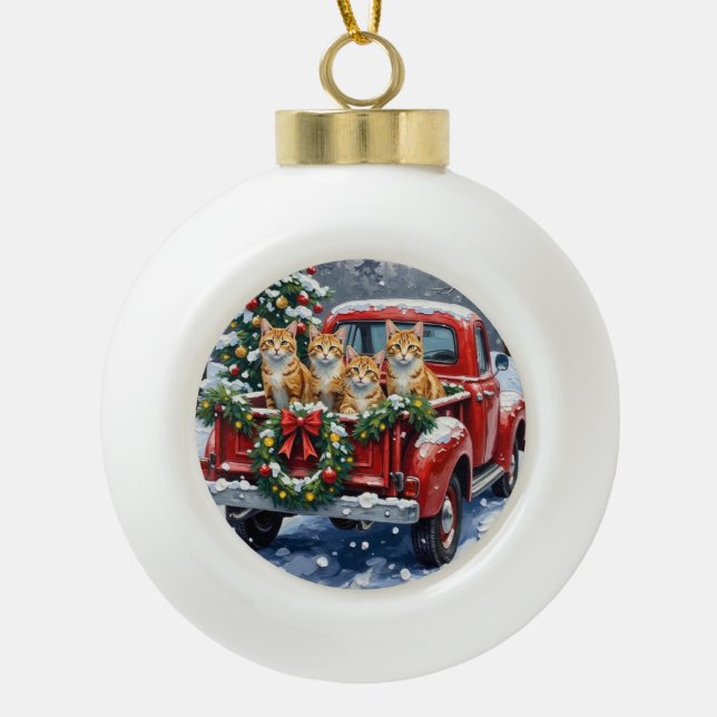Turkish Angora Cat Christmas Red Truck Holiday Ceramic Ball Christmas Ornament (Front)