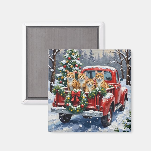 Turkish Angora Cat Christmas Red Truck Holiday Magnet (Front/Back)