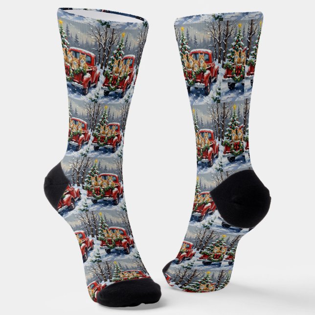 Turkish Angora Cat Christmas Red Truck Holiday Socks (Angled)