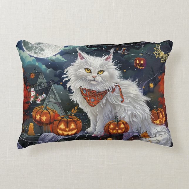 Turkish Angora Cat Halloween Spooky Accent Pillow (Front)