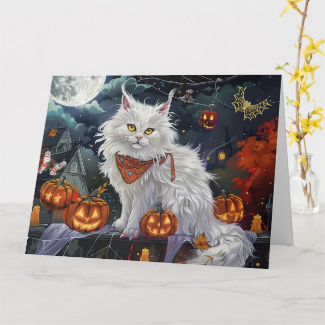 Turkish Angora Cat Halloween Spooky Card (Yellow Flower)