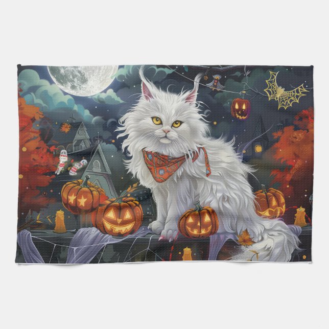 Turkish Angora Cat Halloween Spooky Kitchen Towel (Horizontal)